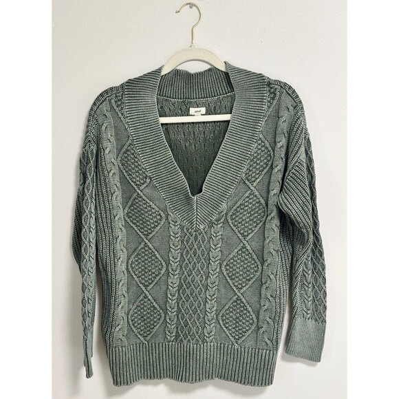 Aerie Oversized Cable Knit V Neck Pullover Slouchy Sweater Green Size XS - Picture 1 of 8